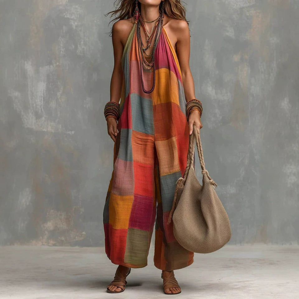 Women's Casual Plaid Jumpsuit with Wide Leg Pants