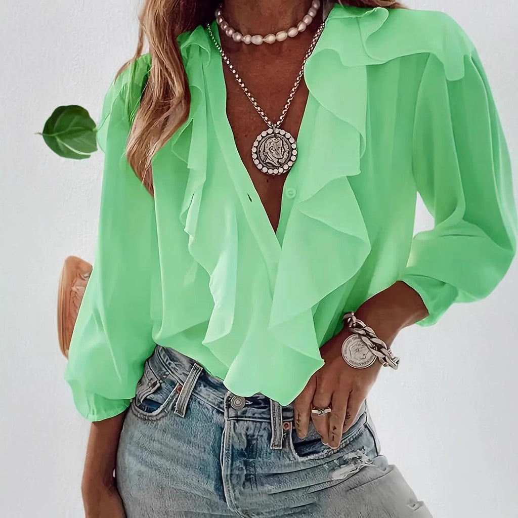 Elegant Ruffle-Trim V-Neck Long Sleeve Blouse