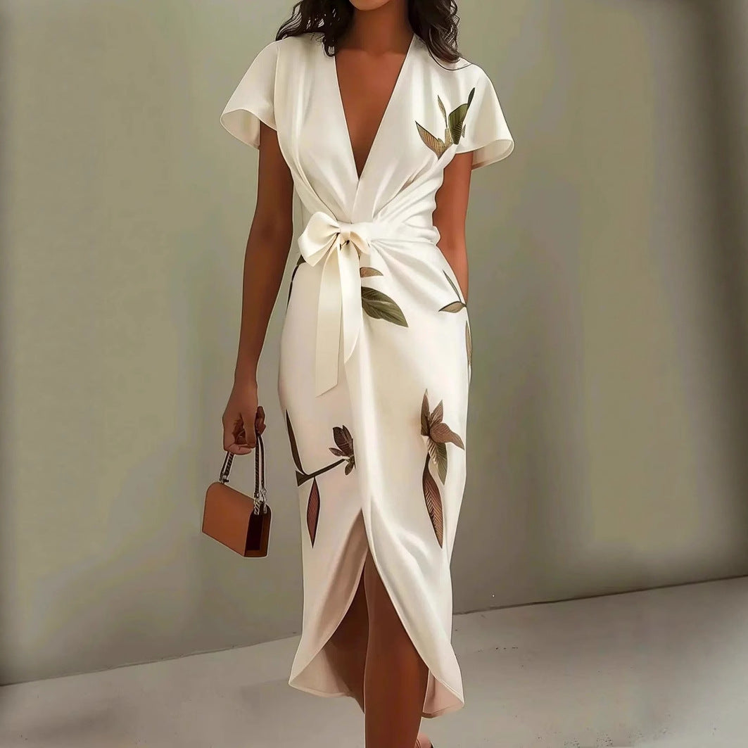 Women's Elegant Printed V-Neck Long Dress