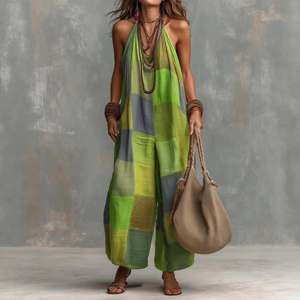 Women's Casual Plaid Jumpsuit with Wide Leg Pants