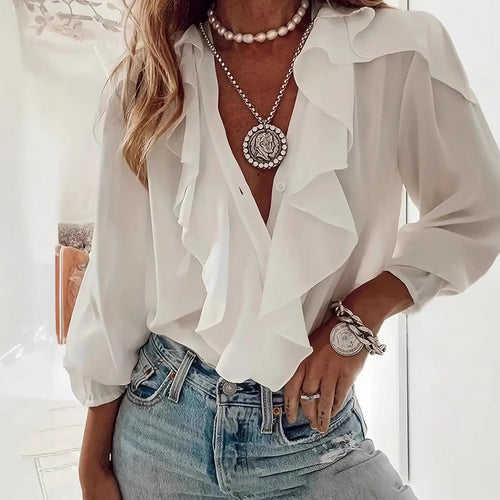 Elegant Ruffle-Trim V-Neck Long Sleeve Blouse