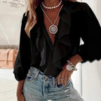 Elegant Ruffle-Trim V-Neck Long Sleeve Blouse