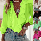 Elegant Ruffle-Trim V-Neck Long Sleeve Blouse