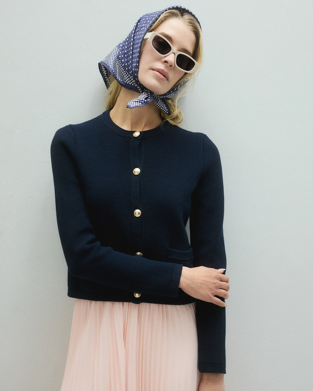 100% Organic Cotton Sweater Jacket in Navy - Lifestyle front view
