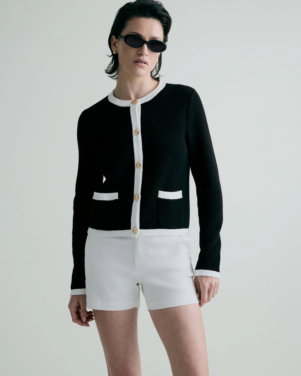 100% Organic Cotton Sweater Jacket in Black/Ivory Colorblock - Lifestyle front view