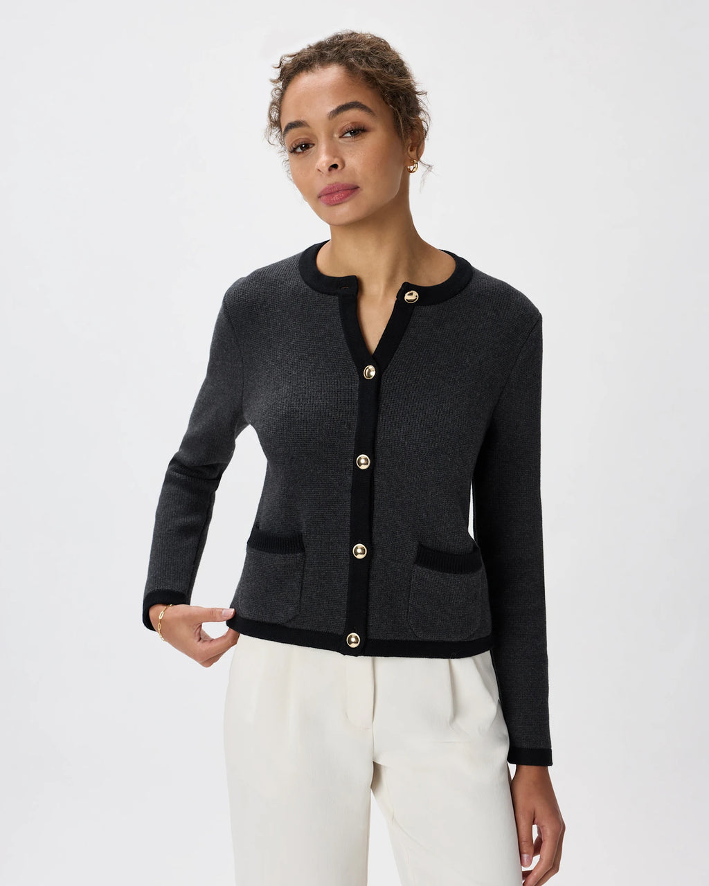100% Organic Cotton Sweater Jacket in Charcoal/Black Colorblock - Front view
