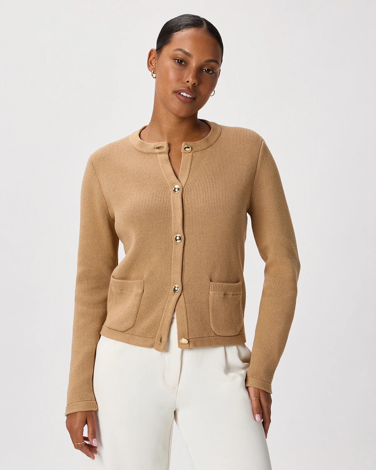 100% Organic Cotton Sweater Jacket in Camel - Front view