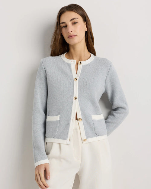 100% Organic Cotton Sweater Jacket in Heather Dove Grey/Ivory Colorblock - Front view