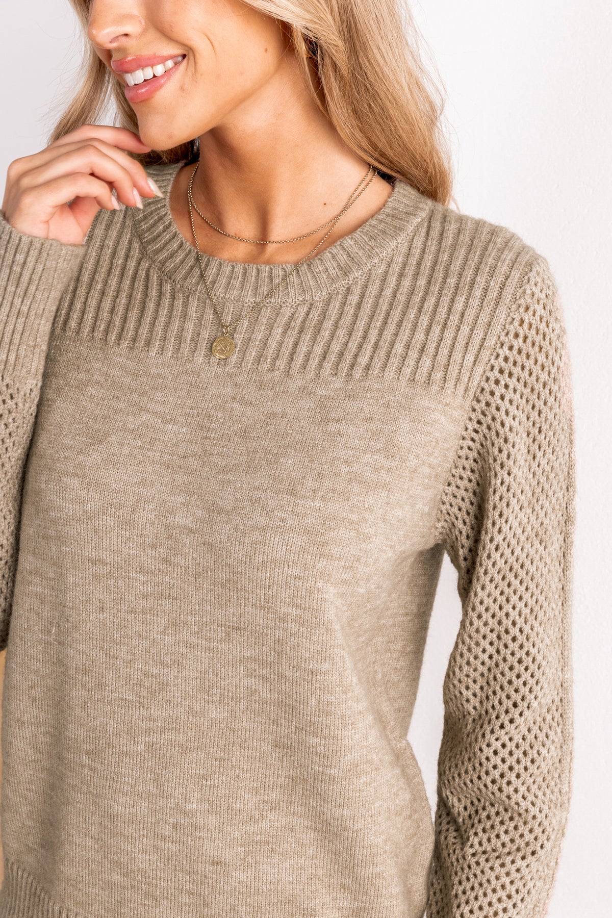 Khaki Round Neck Long Sleeve Knit Sweater