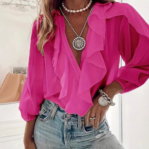 Elegant Ruffle-Trim V-Neck Long Sleeve Blouse