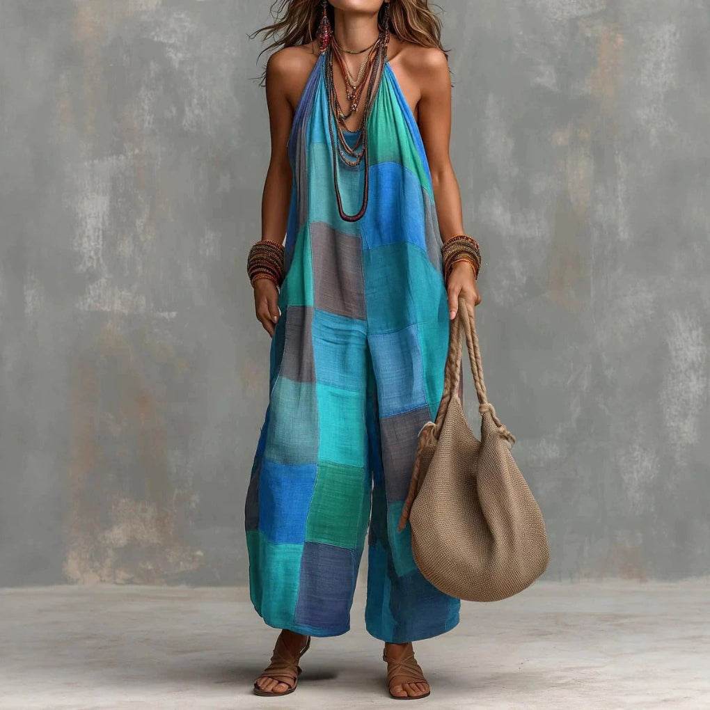 Women's Casual Plaid Jumpsuit with Wide Leg Pants