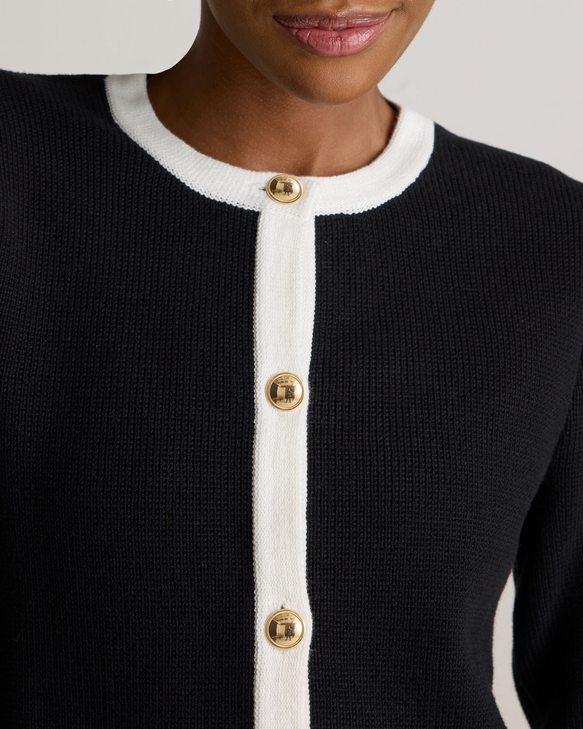 100% Organic Cotton Sweater Jacket in Black/Ivory Colorblock - Neckline and button detail