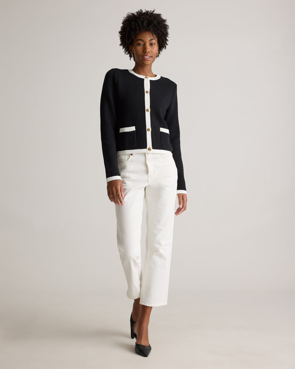 100% Organic Cotton Sweater Jacket in Black/Ivory Colorblock - Full-length front view