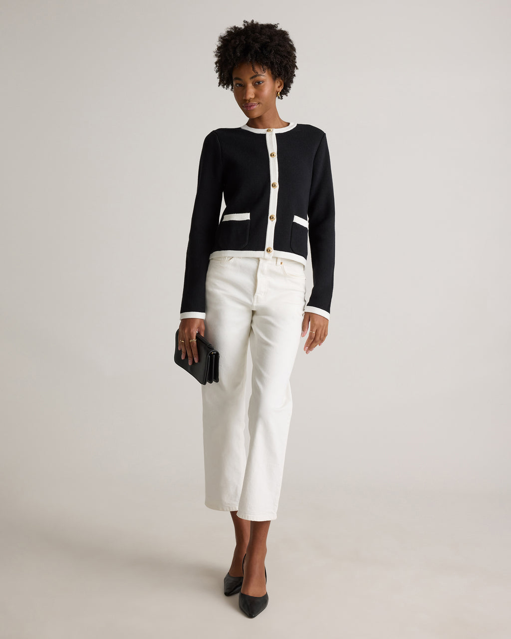 100% Organic Cotton Sweater Jacket in Black/Ivory Colorblock - Angled front view