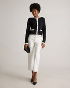 100% Organic Cotton Sweater Jacket in Black/Ivory Colorblock - Angled front view