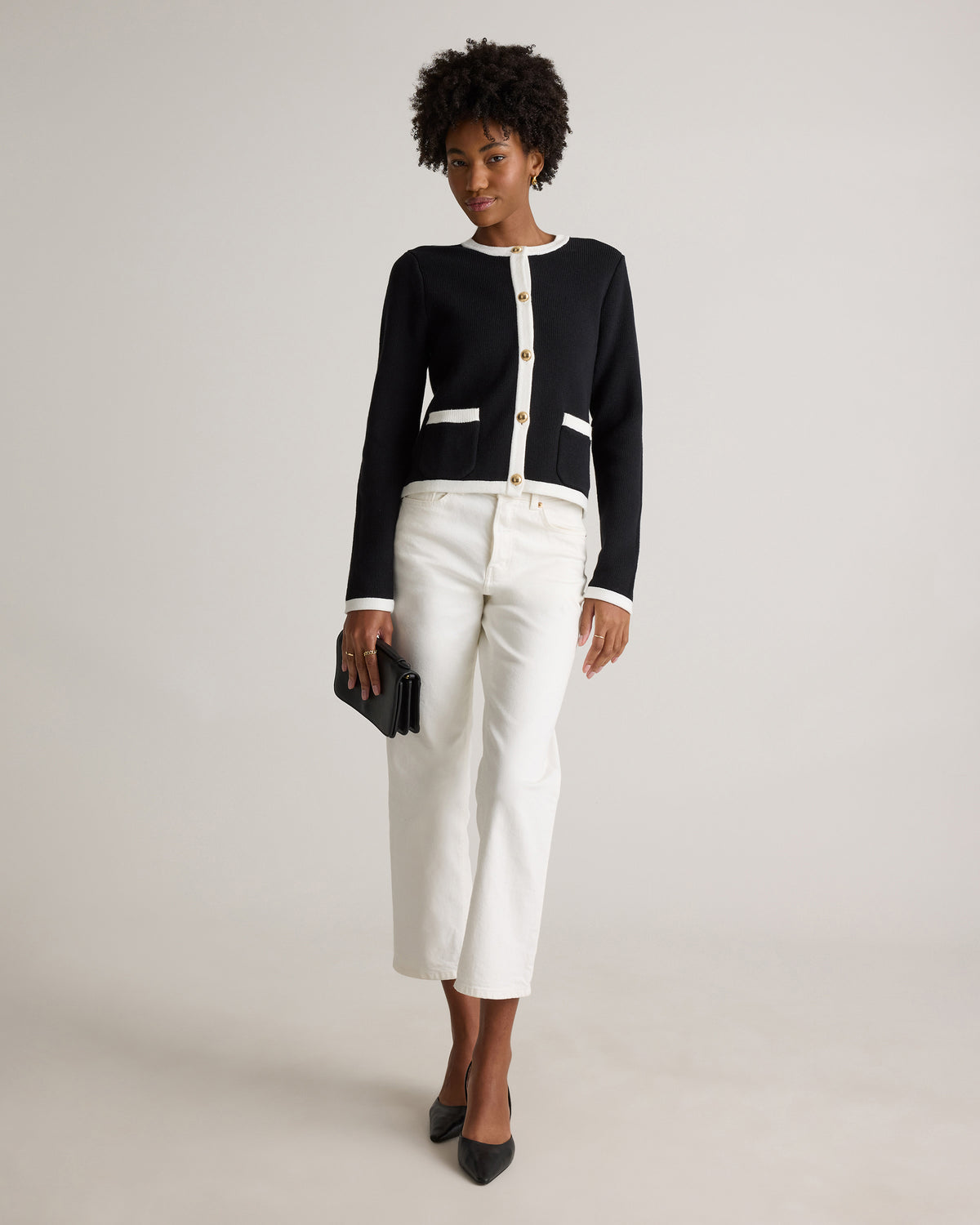 100% Organic Cotton Sweater Jacket in Black/Ivory Colorblock - Angled front view
