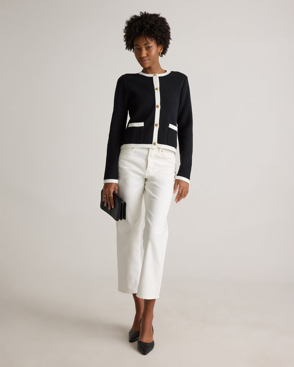 100% Organic Cotton Sweater Jacket in Black/Ivory Colorblock - Angled front view