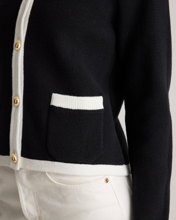 100% Organic Cotton Sweater Jacket in Black/Ivory Colorblock - Pocket detail