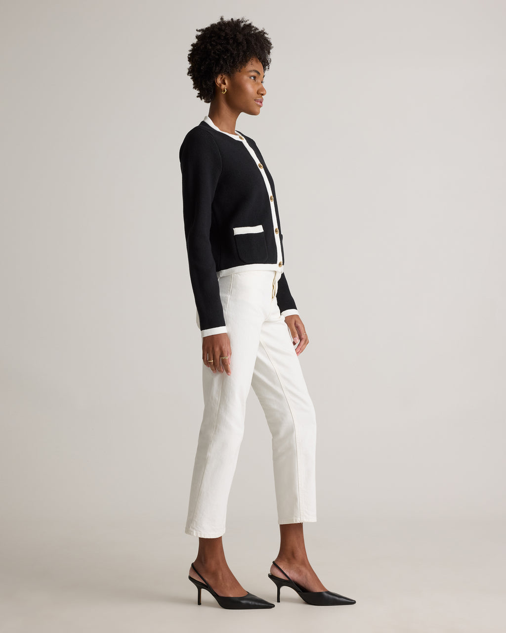 100% Organic Cotton Sweater Jacket in Black/Ivory Colorblock - Side view