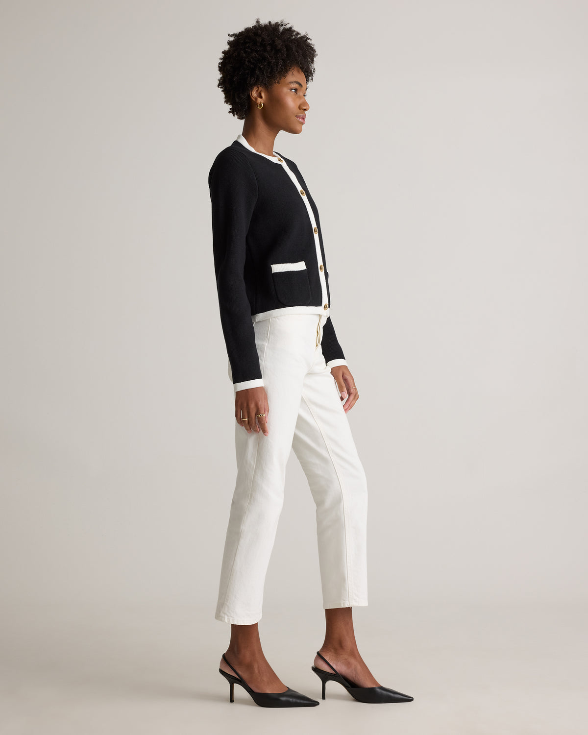 100% Organic Cotton Sweater Jacket in Black/Ivory Colorblock - Side view