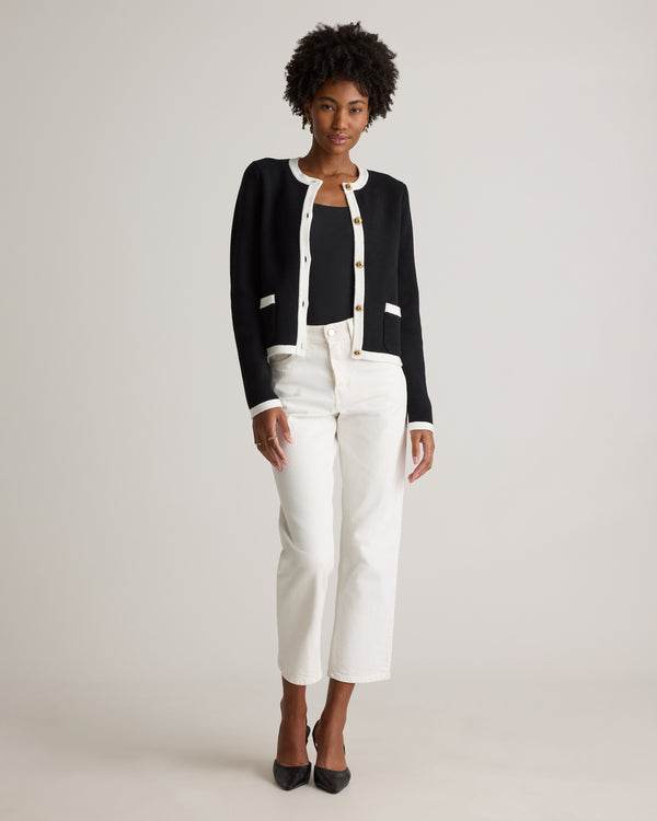 100% Organic Cotton Sweater Jacket in Black/Ivory Colorblock - Styled front view