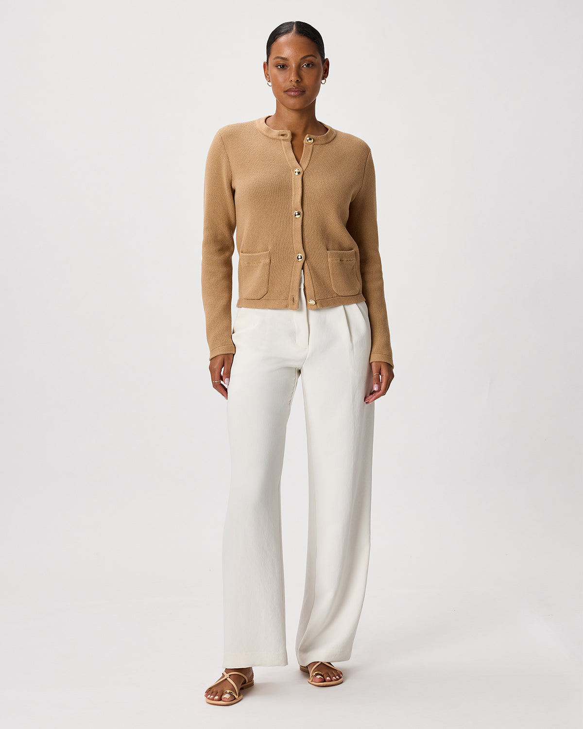 100% Organic Cotton Sweater Jacket in Camel - Full-length front view
