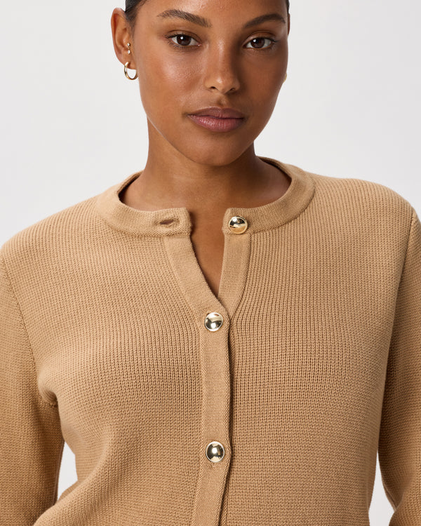 100% Organic Cotton Sweater Jacket in Camel - Neckline and button detail