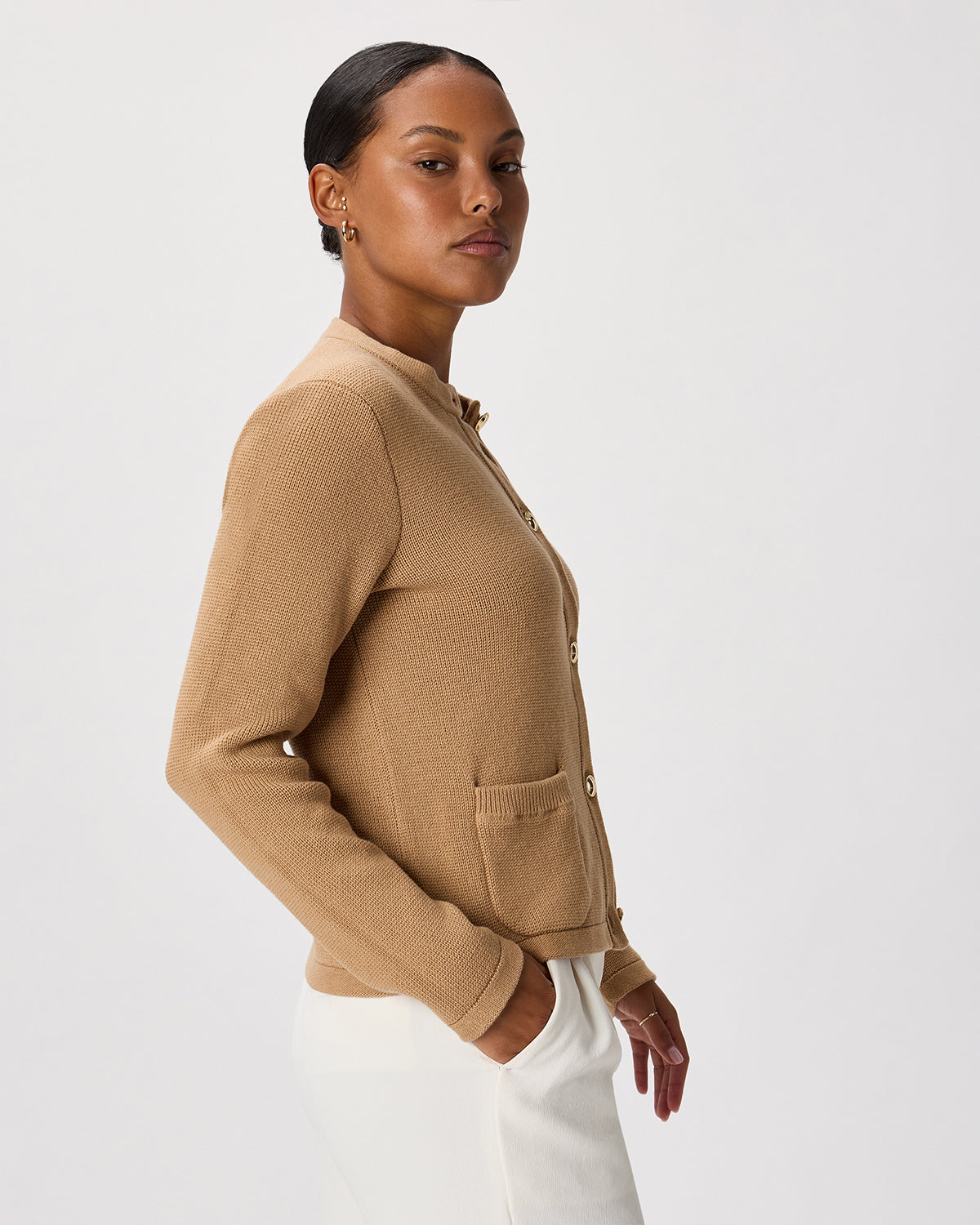 100% Organic Cotton Sweater Jacket in Camel - Side view