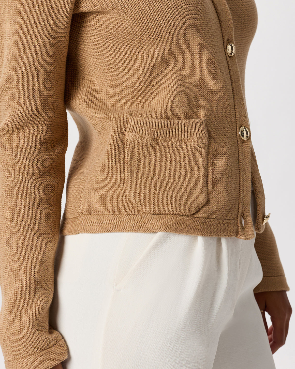 100% Organic Cotton Sweater Jacket in Camel - Pocket detail