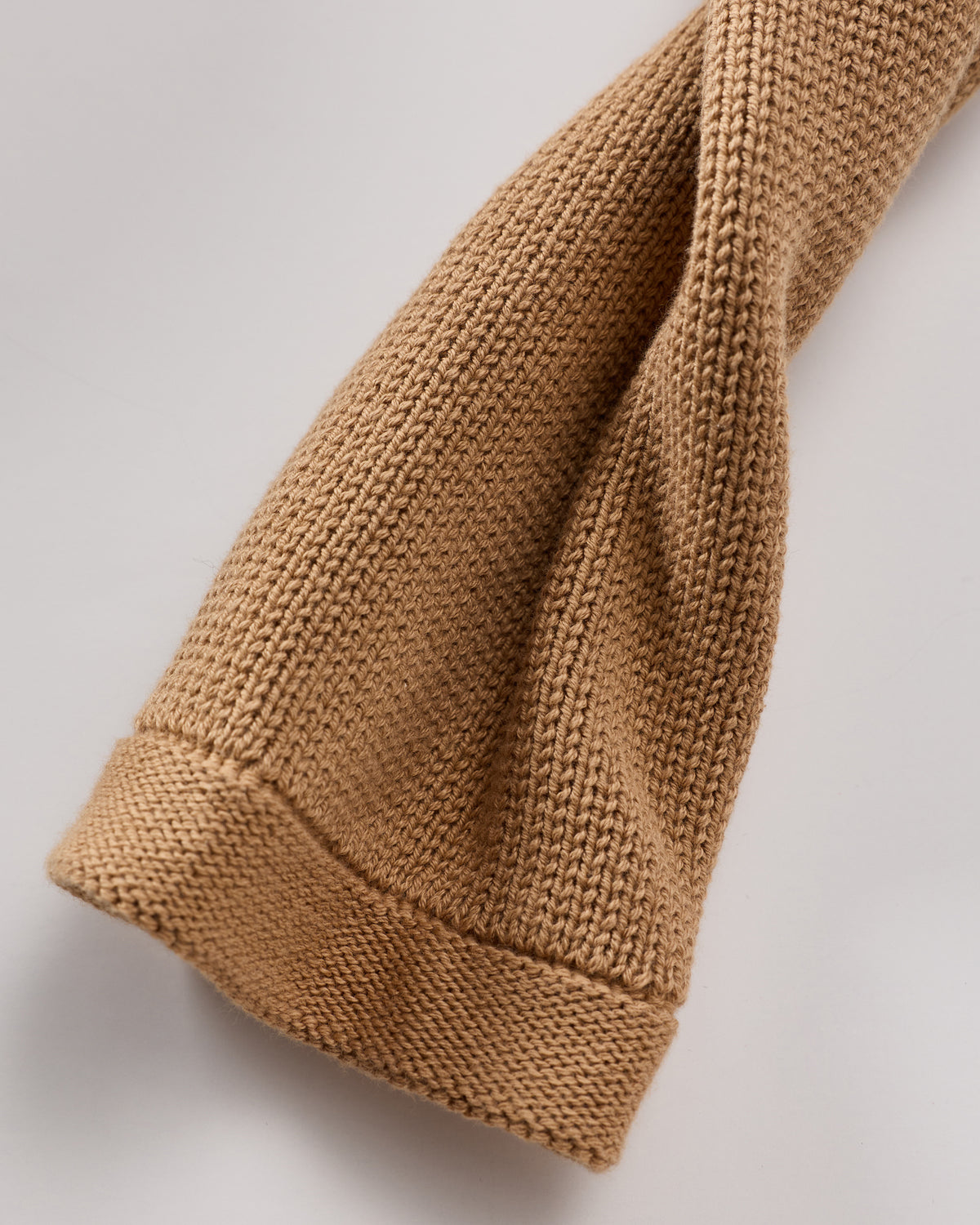 100% Organic Cotton Sweater Jacket in Camel - Sleeve and hem detail