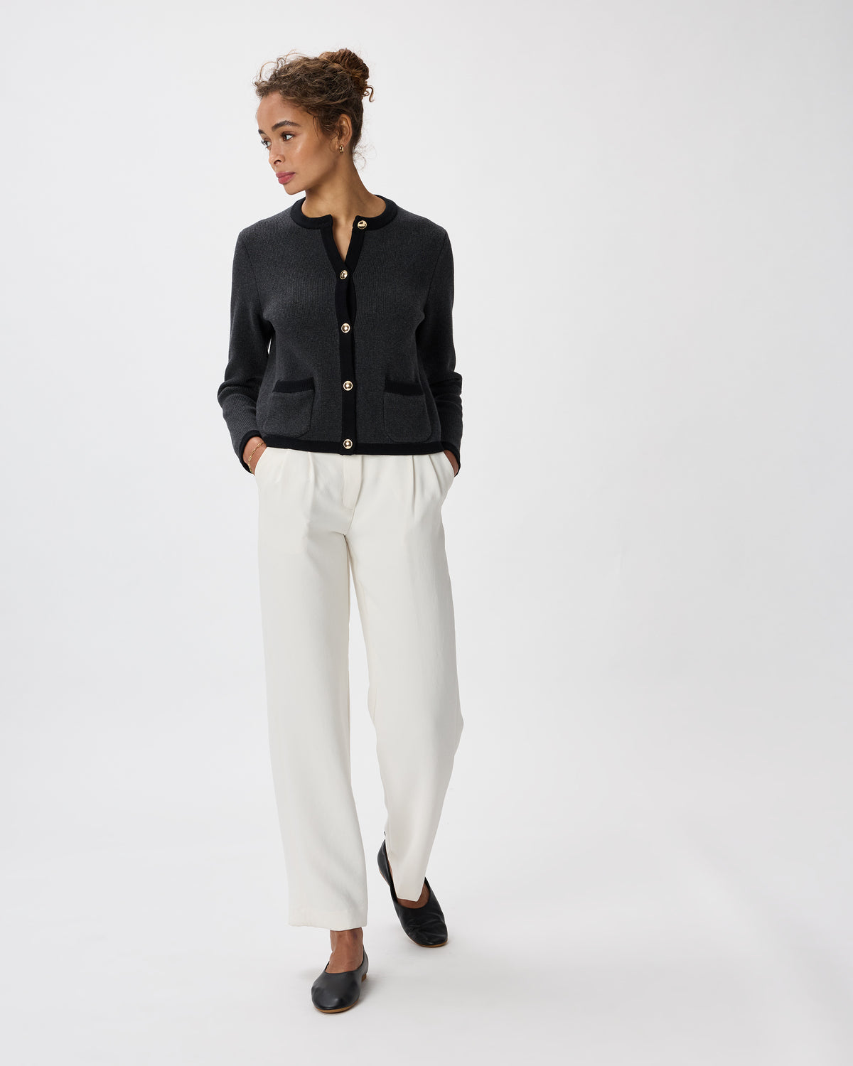 100% Organic Cotton Sweater Jacket in Charcoal/Black Colorblock - Full-length front view
