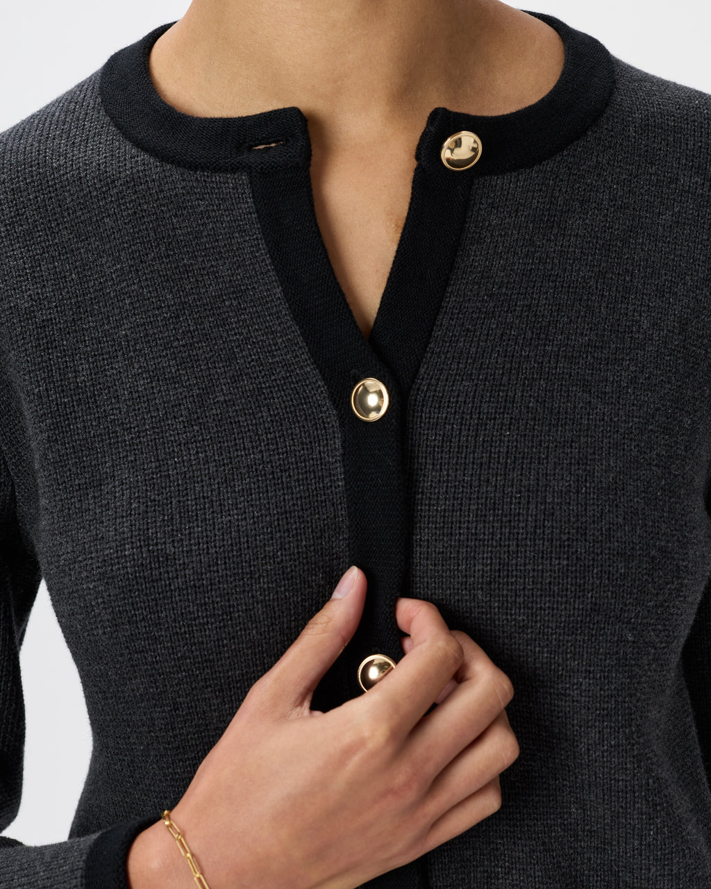 100% Organic Cotton Sweater Jacket in Charcoal/Black Colorblock - Neckline and button detail