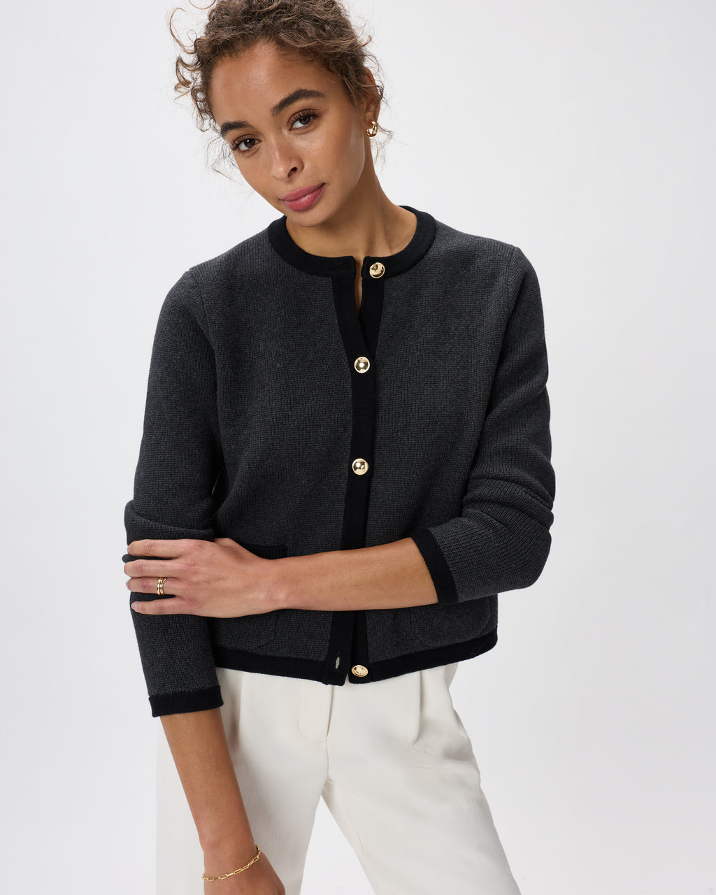 100% Organic Cotton Sweater Jacket in Charcoal/Black Colorblock - Styled front view