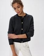100% Organic Cotton Sweater Jacket in Charcoal/Black Colorblock - Styled front view