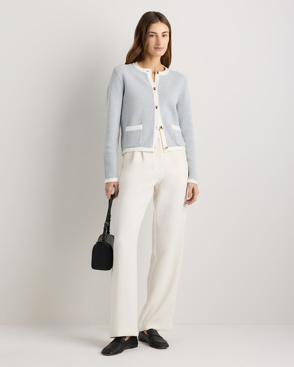 100% Organic Cotton Sweater Jacket in Heather Dove Grey/Ivory Colorblock - Full-length front view