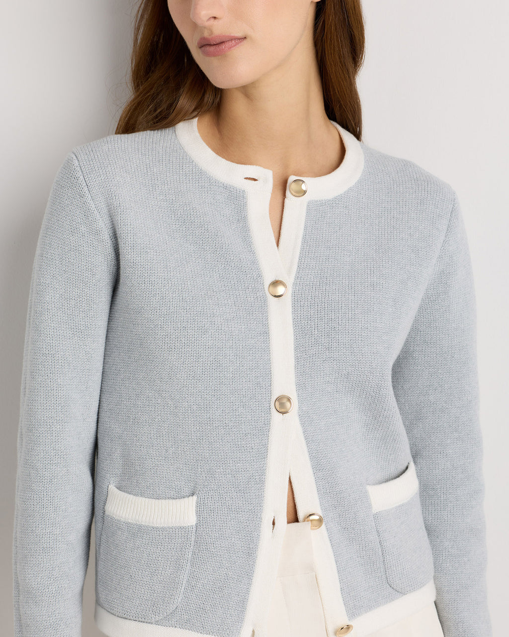 100% Organic Cotton Sweater Jacket in Heather Dove Grey/Ivory Colorblock - Neckline and button detail