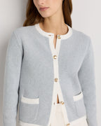 100% Organic Cotton Sweater Jacket in Heather Dove Grey/Ivory Colorblock - Neckline and button detail