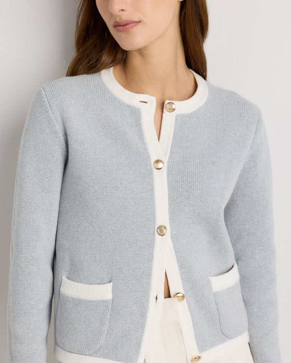 100% Organic Cotton Sweater Jacket in Heather Dove Grey/Ivory Colorblock - Neckline and button detail