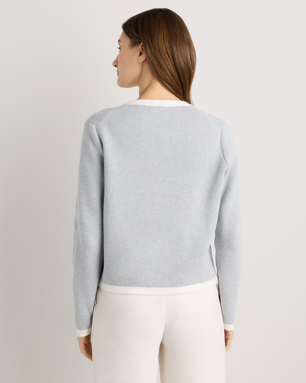 100% Organic Cotton Sweater Jacket in Heather Dove Grey/Ivory Colorblock - Back view
