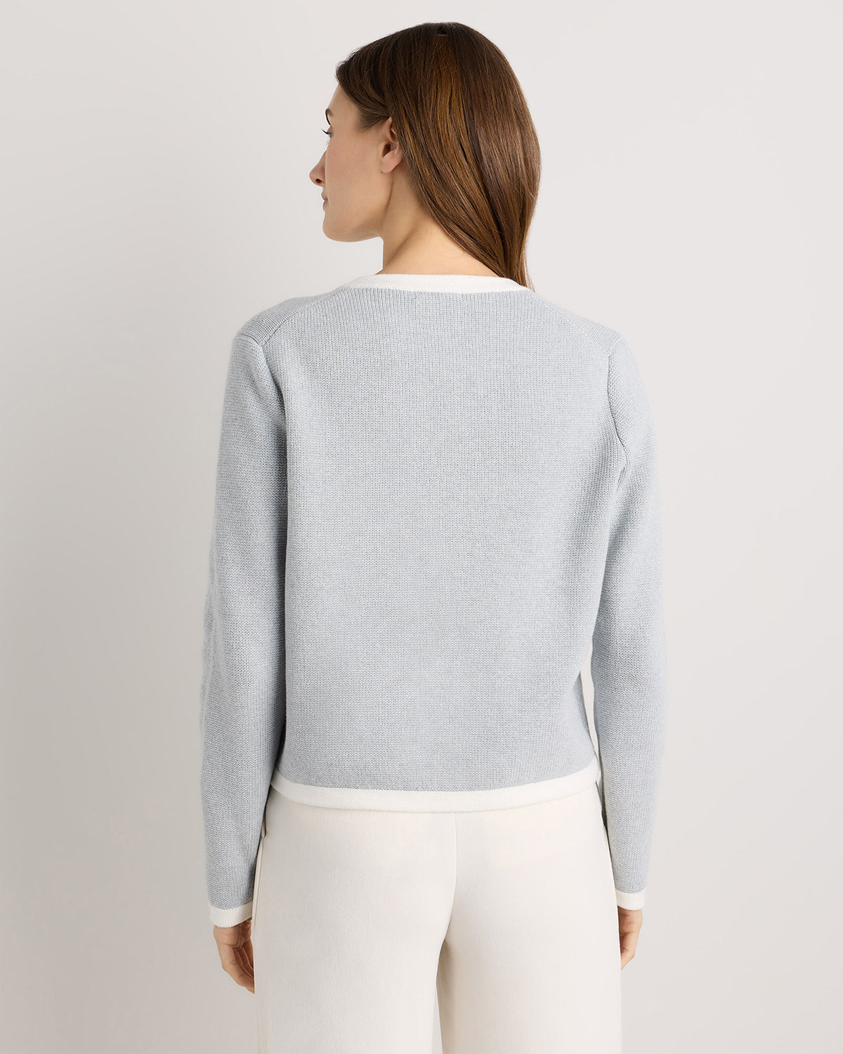 100% Organic Cotton Sweater Jacket in Heather Dove Grey/Ivory Colorblock - Back view