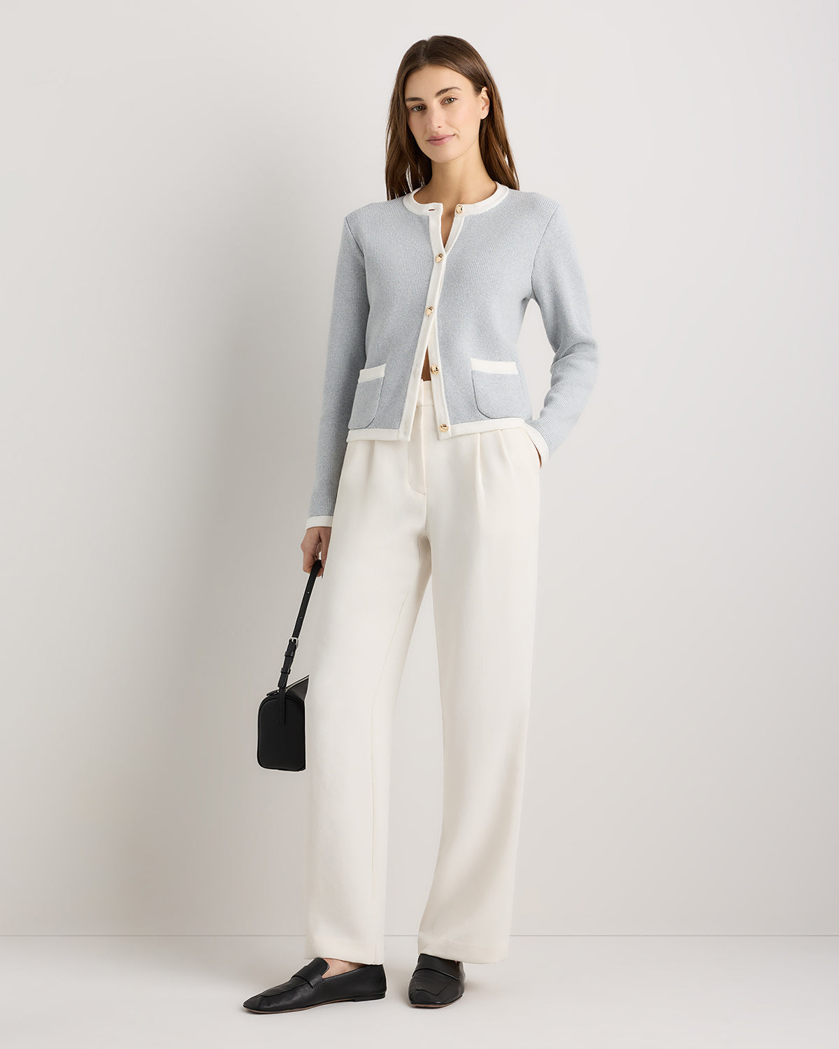 100% Organic Cotton Sweater Jacket in Heather Dove Grey/Ivory Colorblock - Styled front view