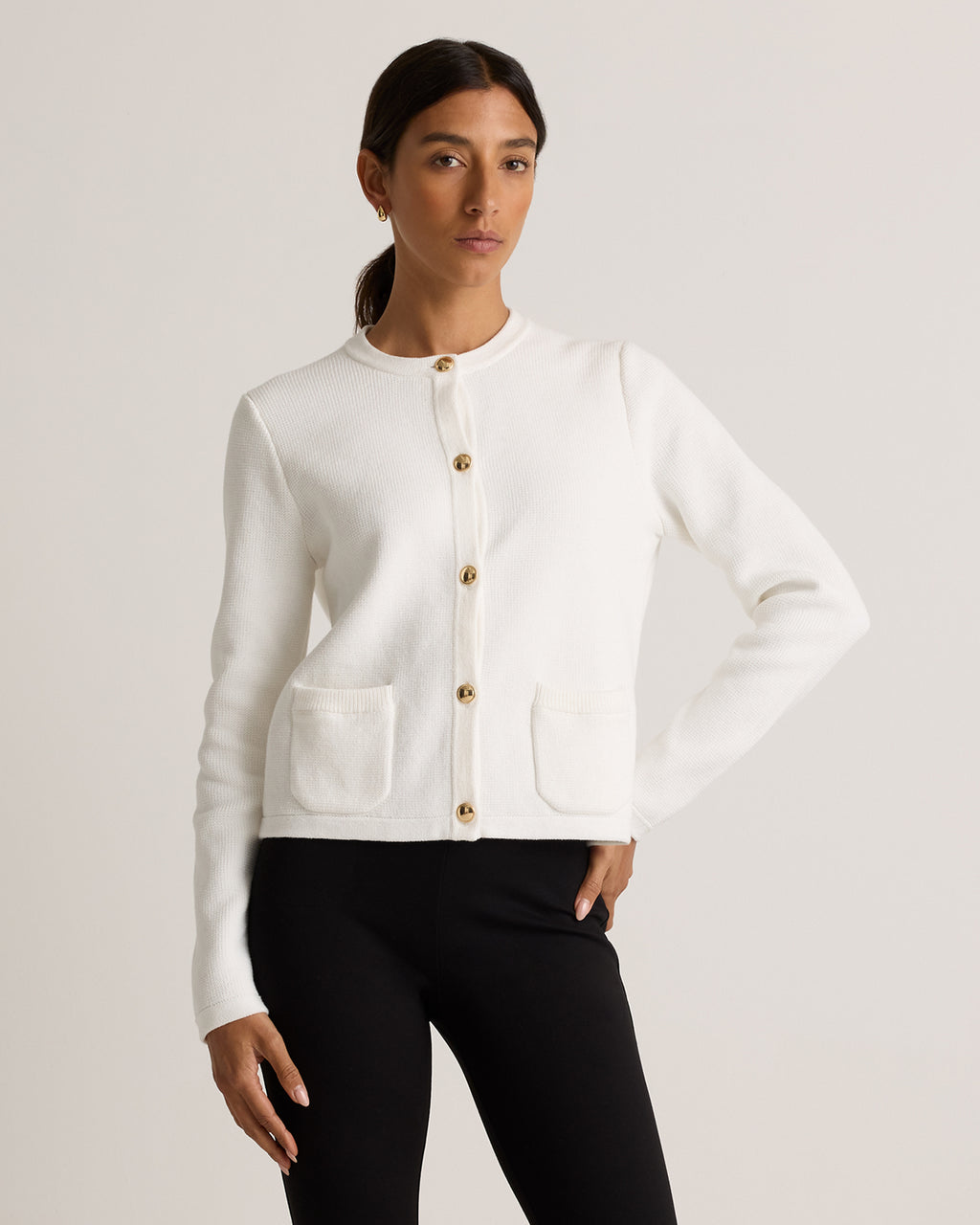 100% Organic Cotton Sweater Jacket in Ivory - Front view