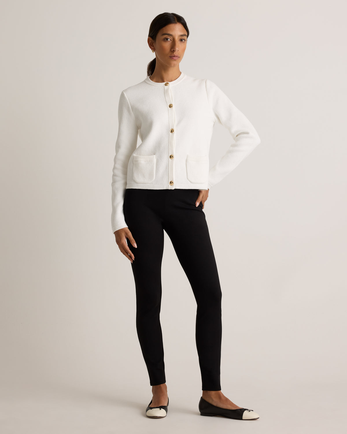 100% Organic Cotton Sweater Jacket in Ivory - Full-length front view