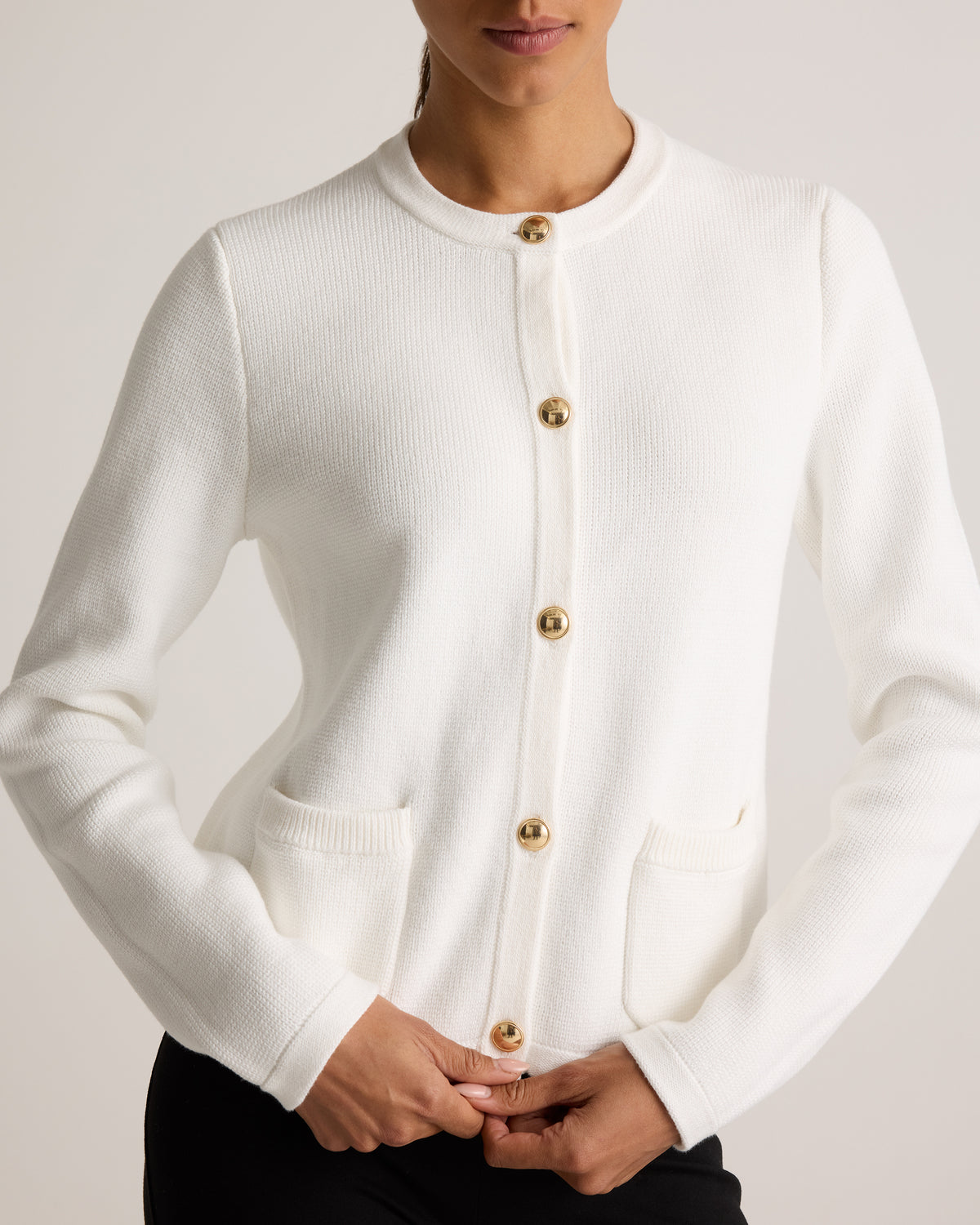 100% Organic Cotton Sweater Jacket in Ivory - Neckline and button detail