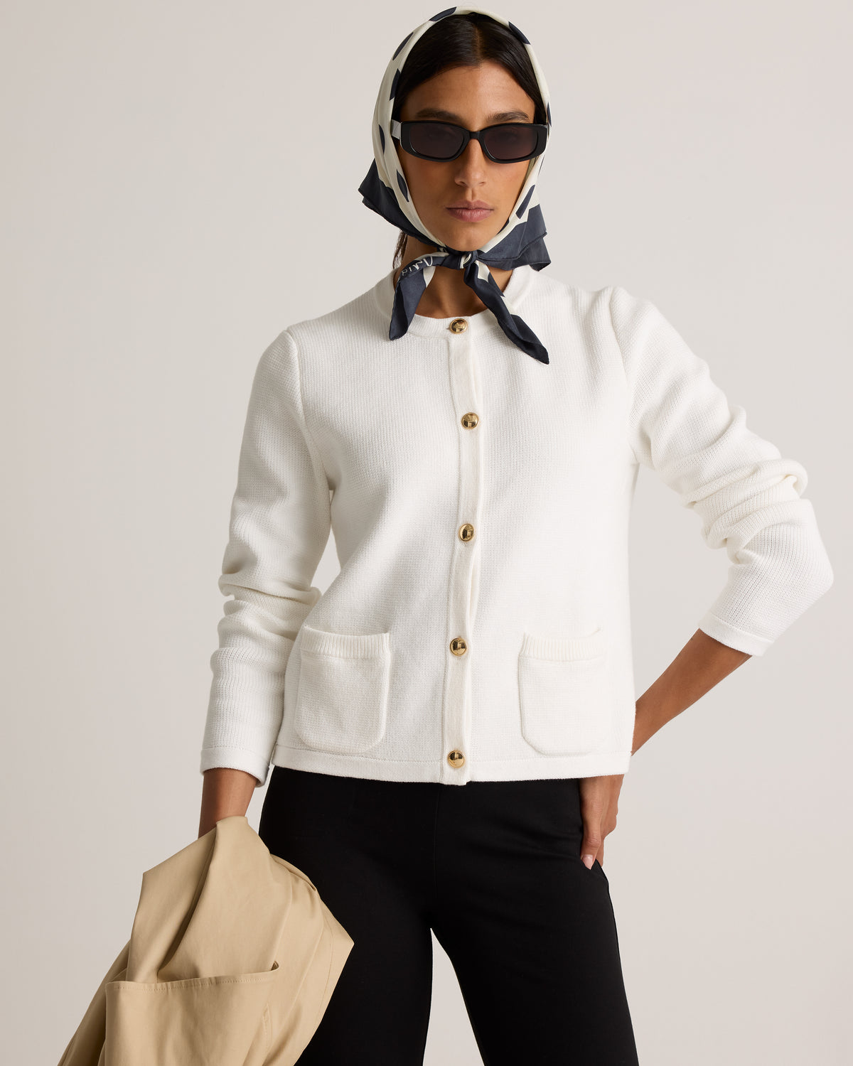 100% Organic Cotton Sweater Jacket in Ivory - Styled front view