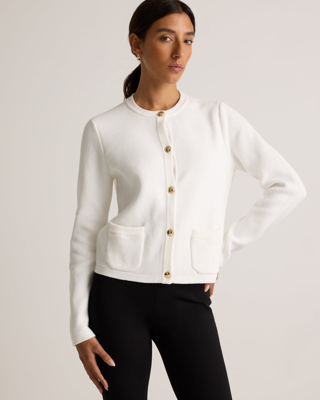 100% Organic Cotton Sweater Jacket in Ivory - Angled front view