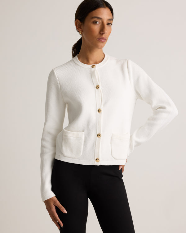 100% Organic Cotton Sweater Jacket in Ivory - Angled front view