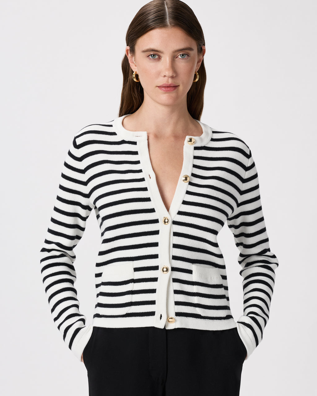 100% Organic Cotton Sweater Jacket in Ivory/Black - Front view