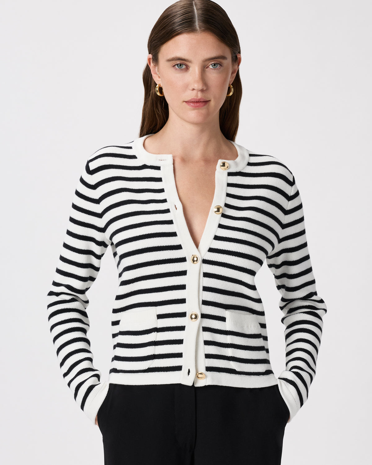 100% Organic Cotton Sweater Jacket in Ivory/Black - Front view
