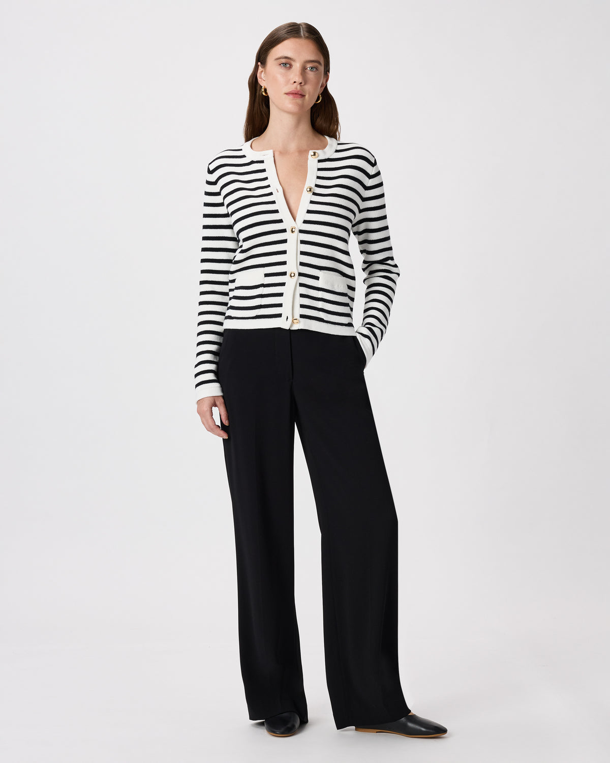 100% Organic Cotton Sweater Jacket in Ivory/Black - Full-length front view